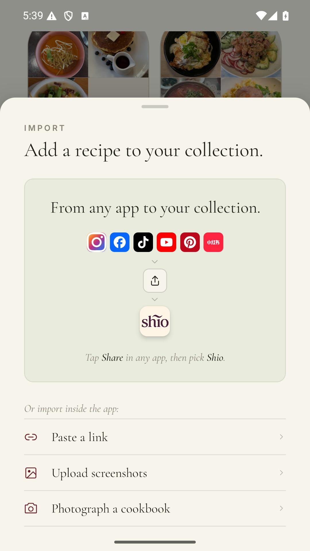 Opciones para importar recetas en la app Shio