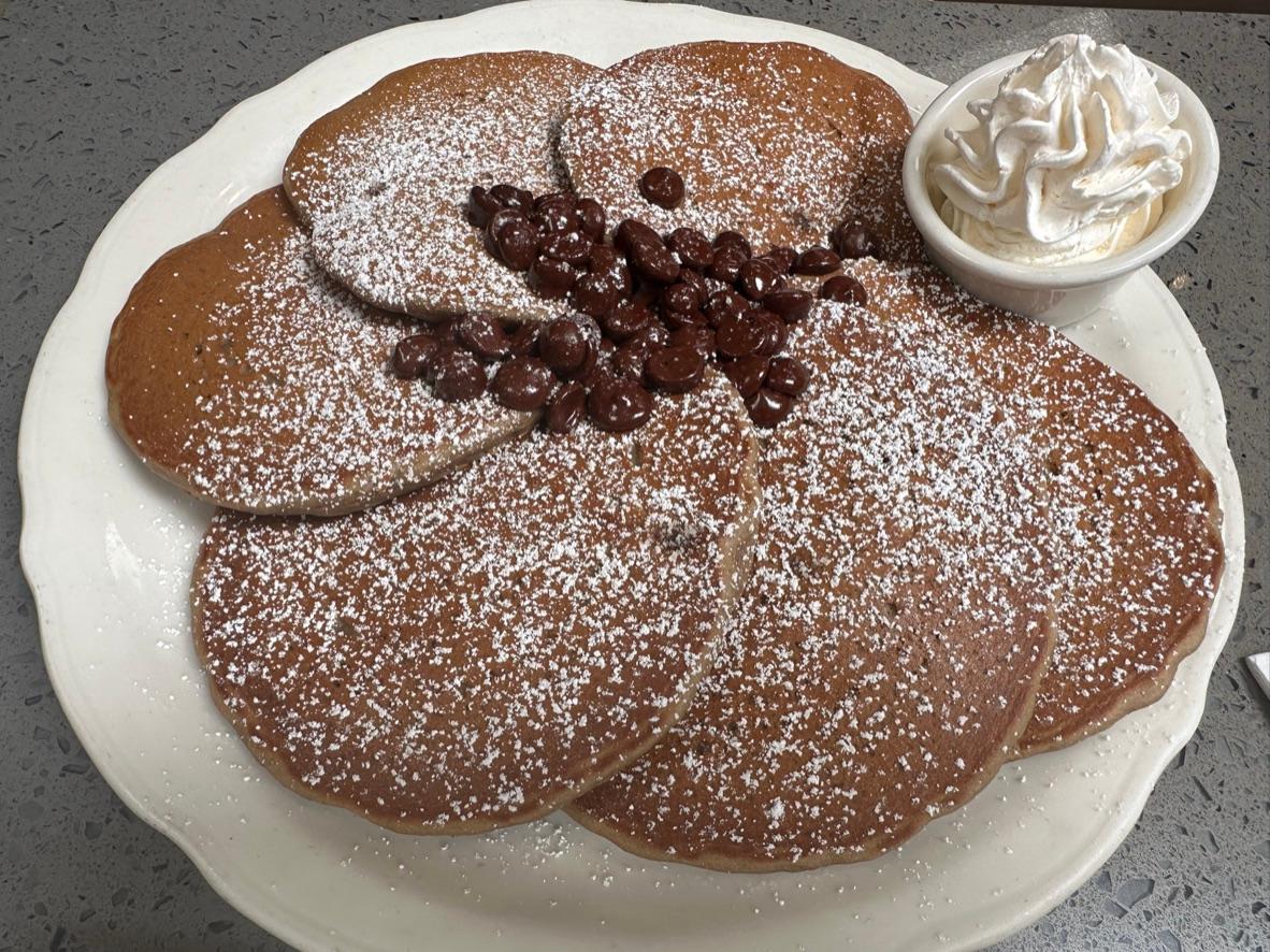 Chocolate chip pancakes from a saved recipe