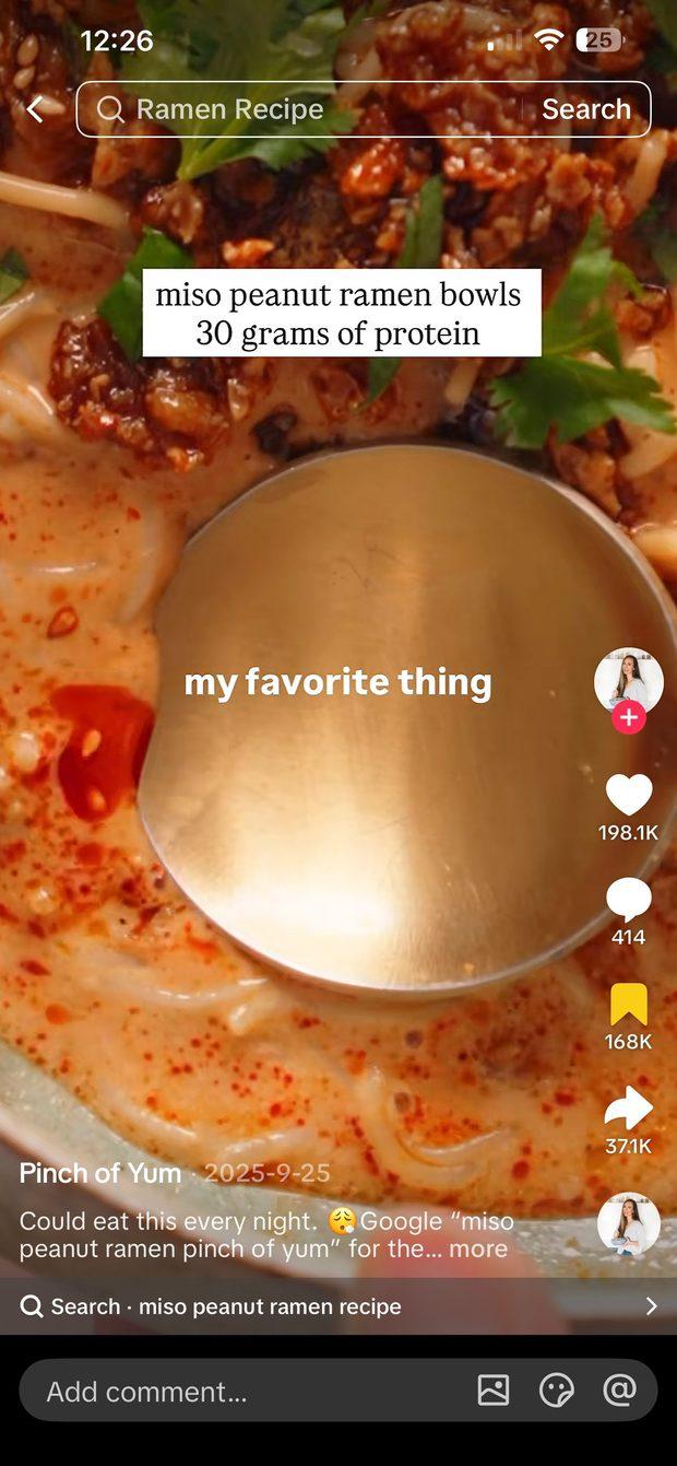TikTok recipe video: miso peanut ramen bowls by Pinch of Yum
