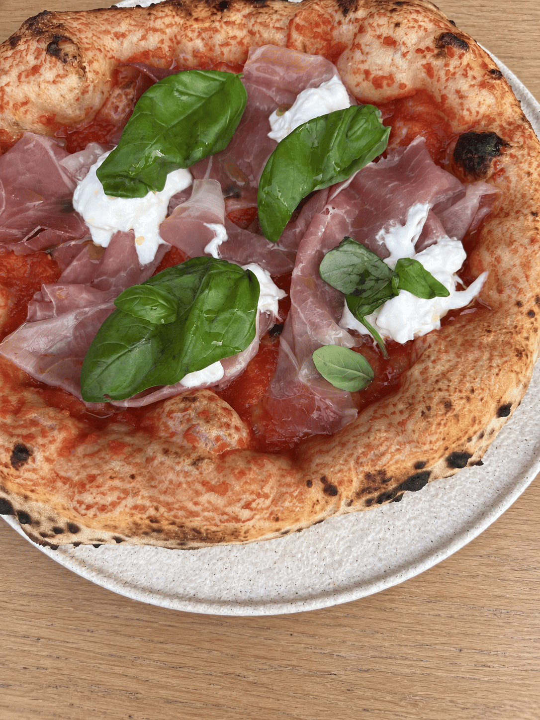 Burrata and prosciutto pizza with fresh basil, tomato sauce, and a blistered crust on a speckled ceramic plate.