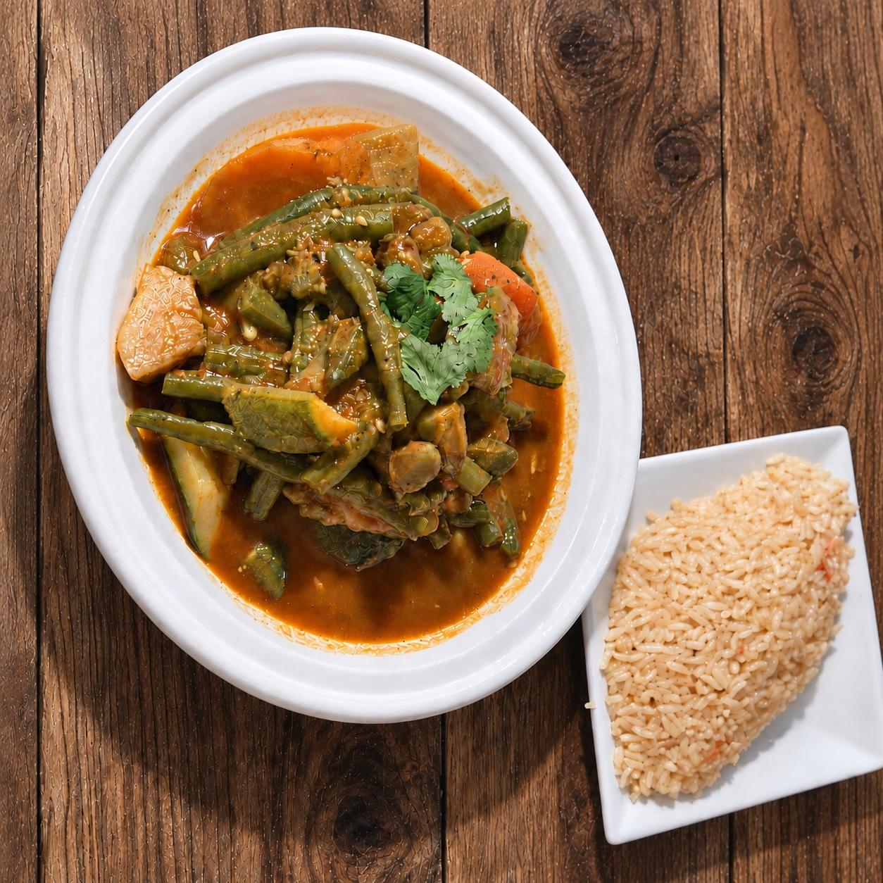 Turkish mixed vegetable stew with green beans, zucchini, potatoes, carrots, and rice